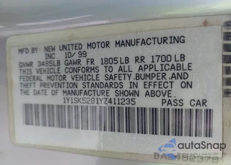 2000 Chevrolet Prizm Lsi from USA, damaged, VIN 1Y1SK5281YZ411235